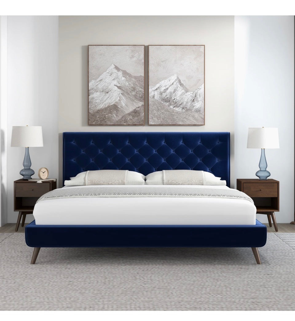 Monaco Blue Velvet Platform Bed angled view in styled bedroom