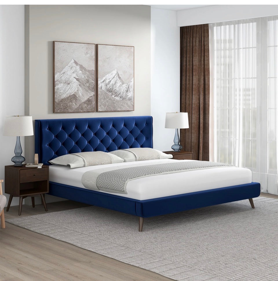 Monaco Blue Velvet Platform Bed front view in styled bedroom
