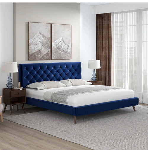 Monaco Blue Velvet Platform Bed front view in styled bedroom