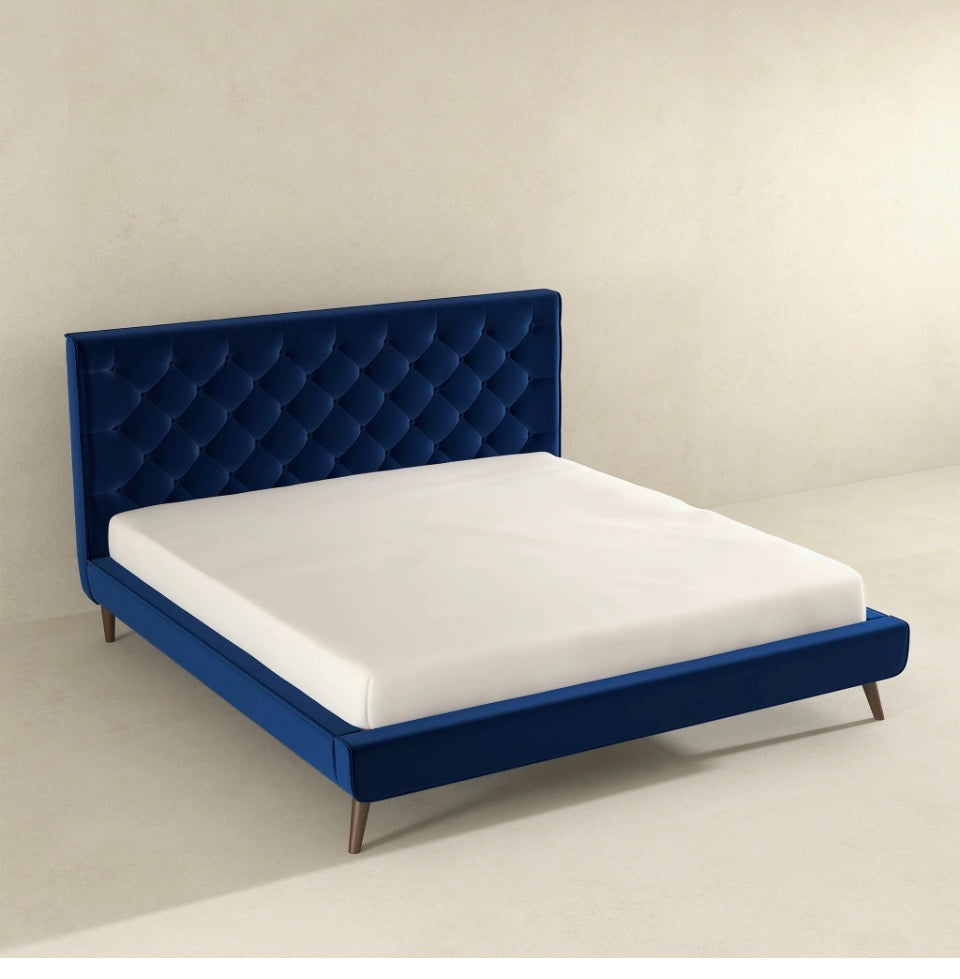 Monaco Blue Velvet Platform Bed isolated product view