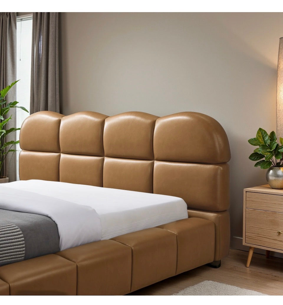 The Milano™ Cognac Vegan Leather Platform Bed - Headboard Detail