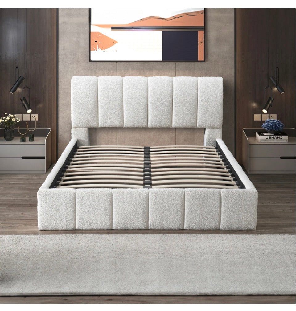 The Haven™ White Bouclé Platform Bed - Slat Base View