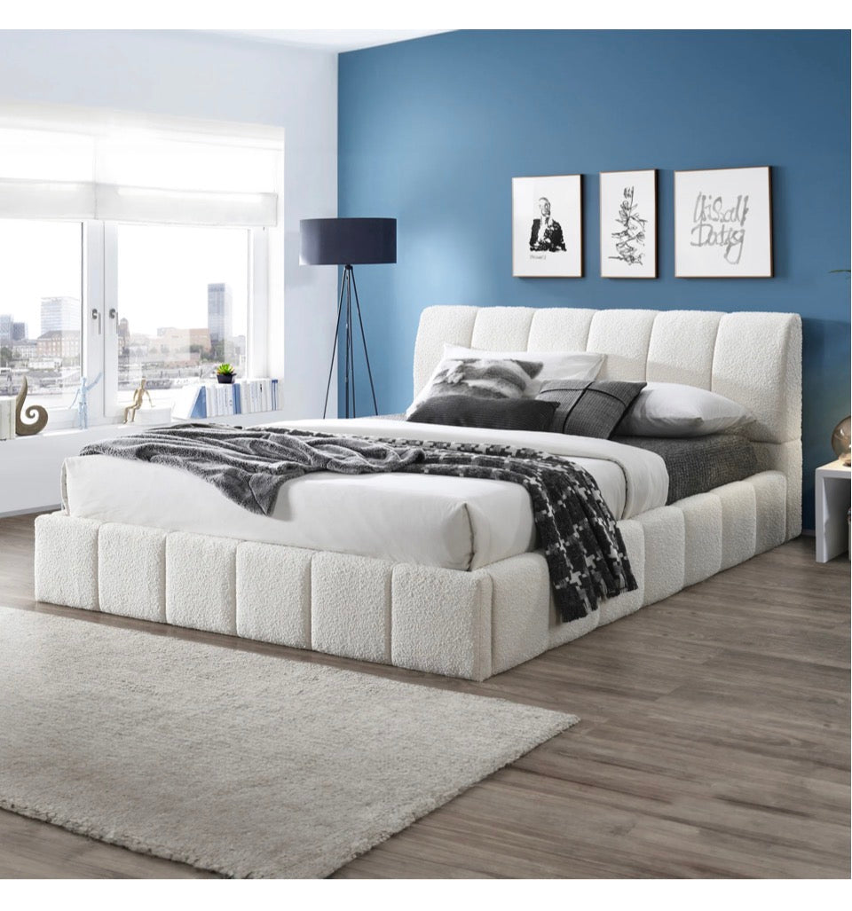 The Haven™ White Bouclé King Platform Bed - Room Setting Blue Wall