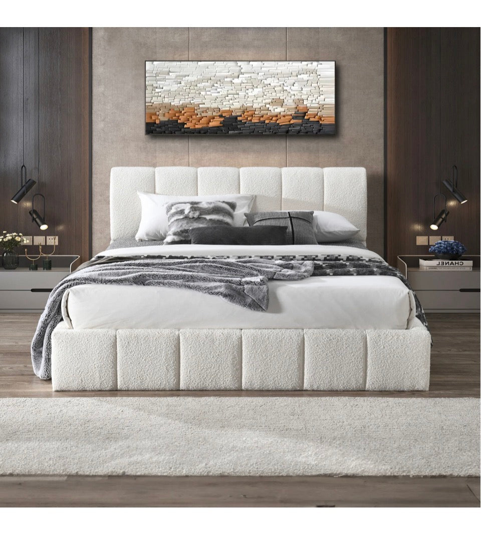The Haven™ White Bouclé King Platform Bed - Front View Luxury Setting