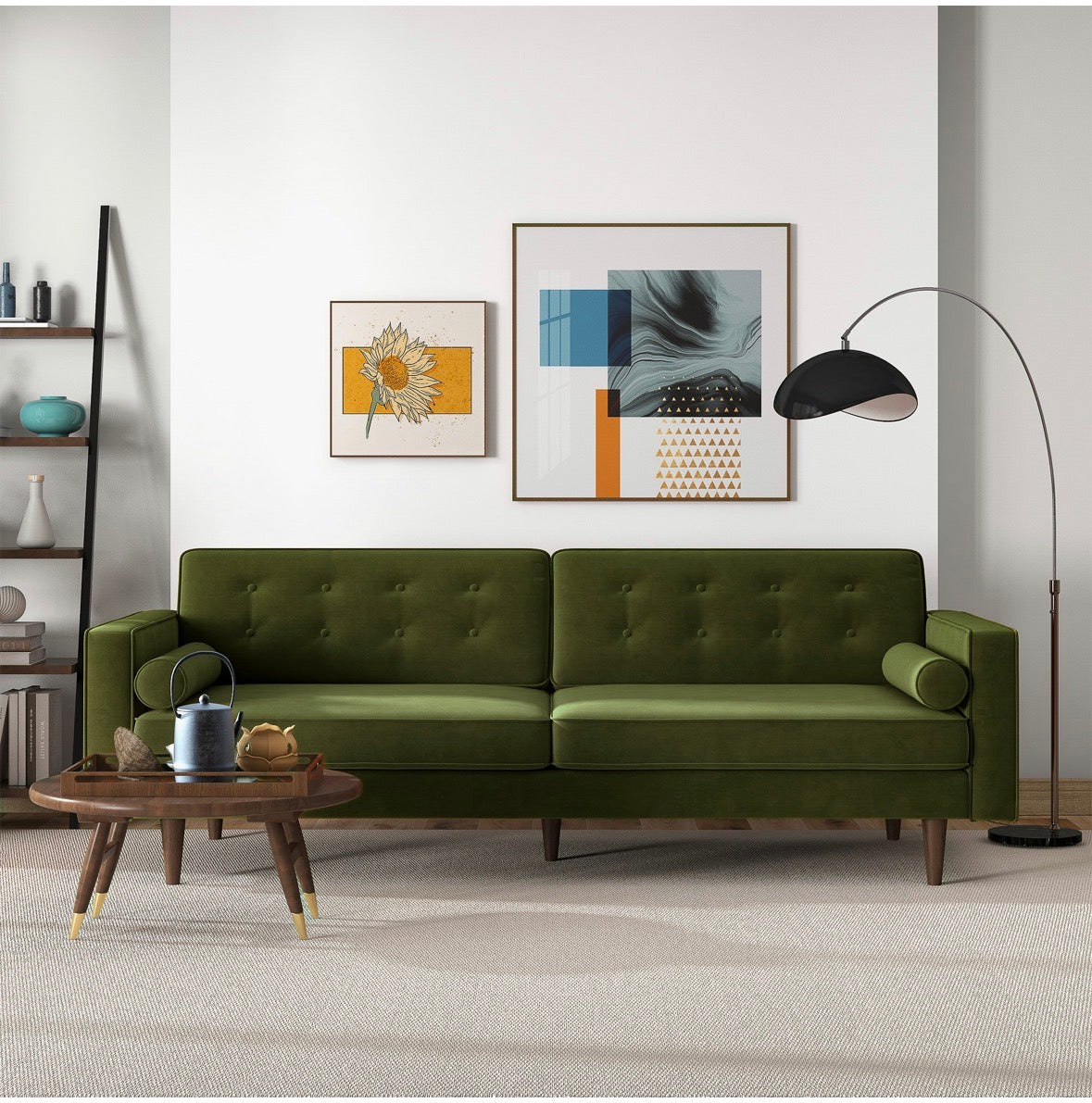The Kensington Olive Green Tufted Velvet Sofa – Lifestyle View