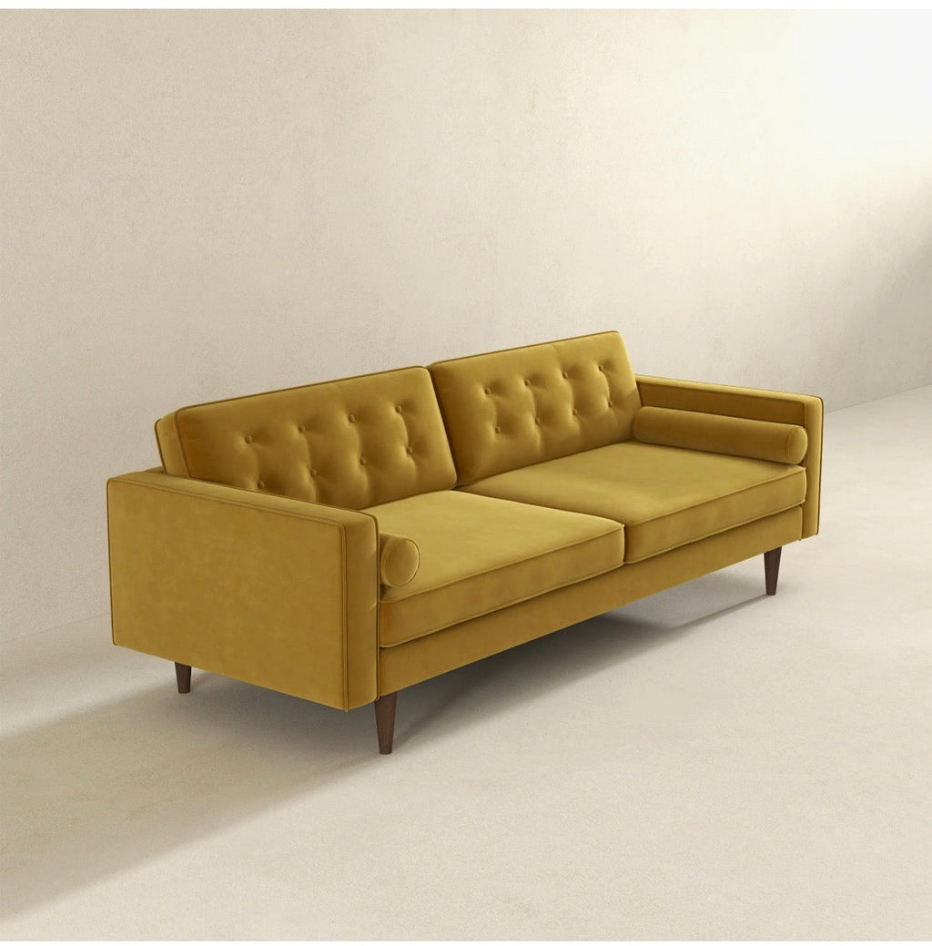 The Aurelia Golden Velvet Tufted Sofa – Angle View