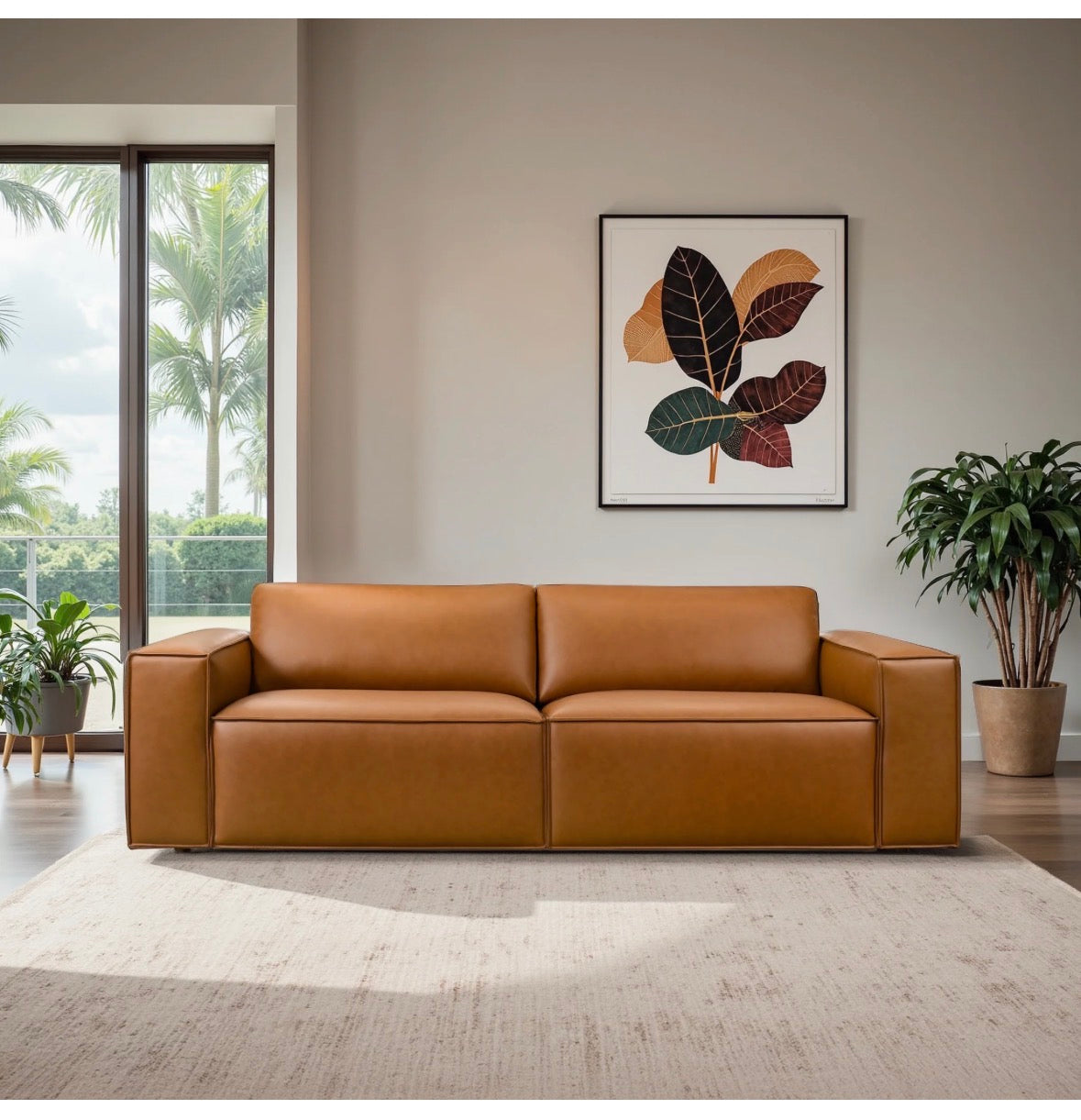 The Kingston Cognac Vegan Leather Sofa – Lifestyle View