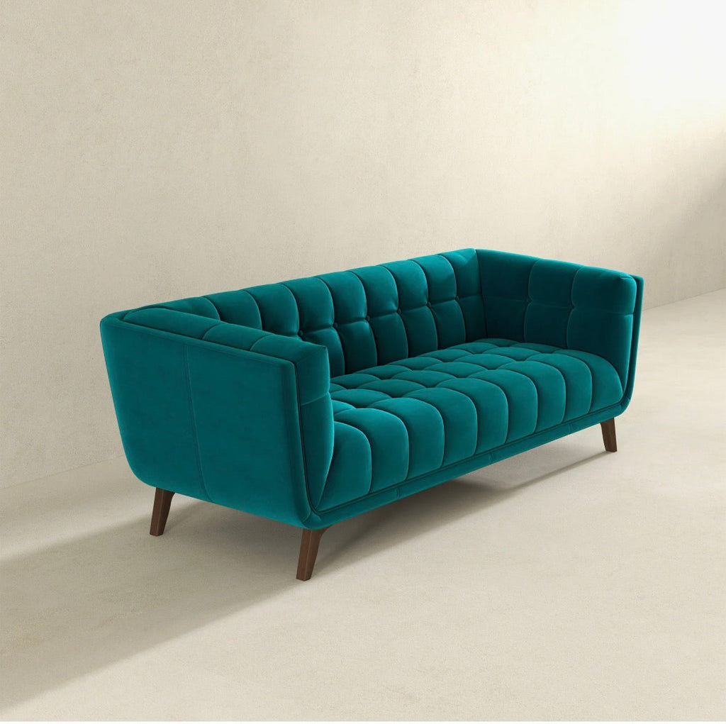 The Sapphire Tufted Teal Velvet Sofa – Lifestyle View