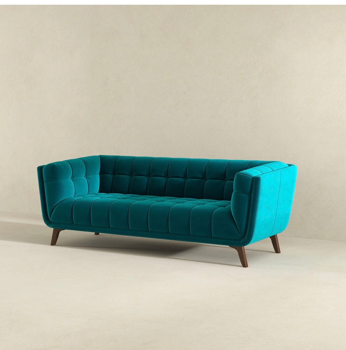 The Sapphire Tufted Teal Velvet Sofa – Angle View Right