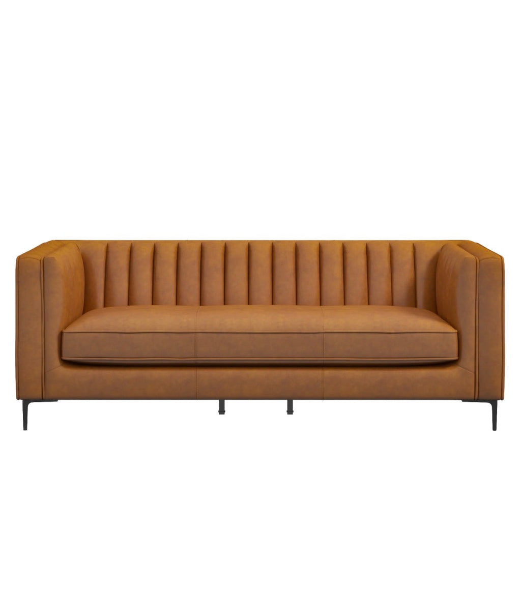 The Verona cognac vegan leather sofa - front view on white background