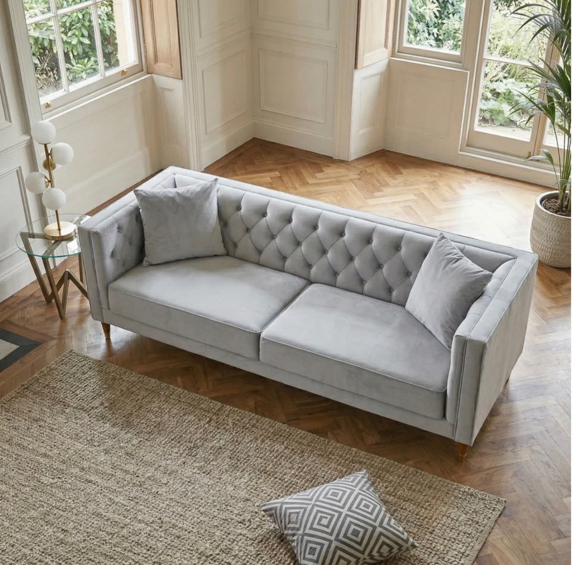 The Kensington – Luxury Tufted Velvet Sofa in Light Gray