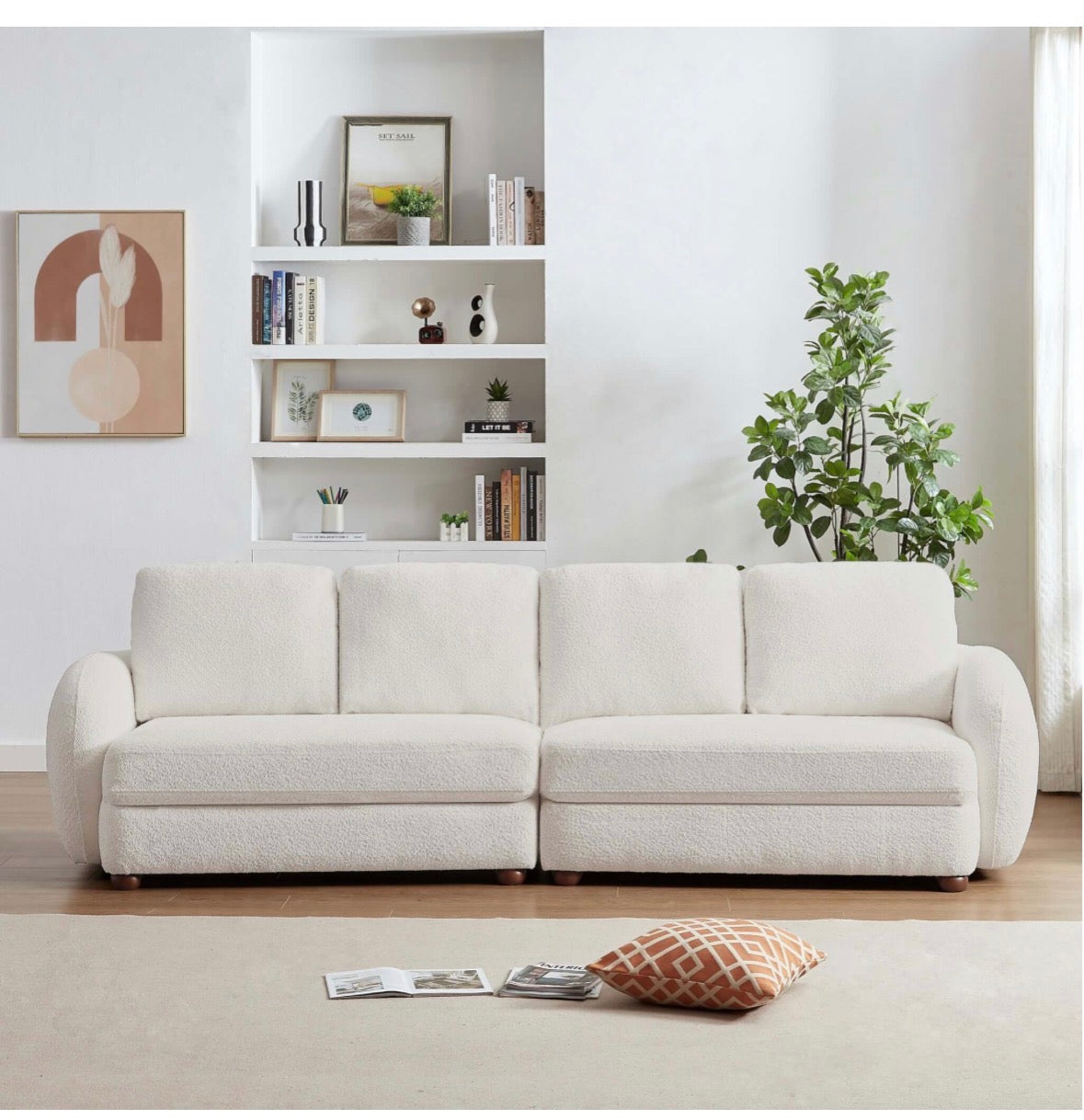 The Marlowe bouclé sofa – close-up of arm and seat cushion detail