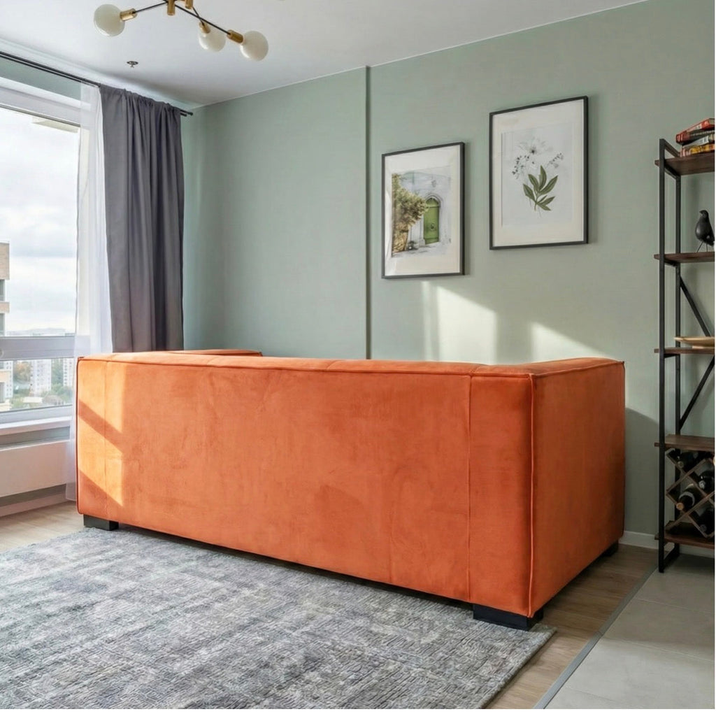Sienna Luxe Burnt Orange Velvet Sofa - front view in room