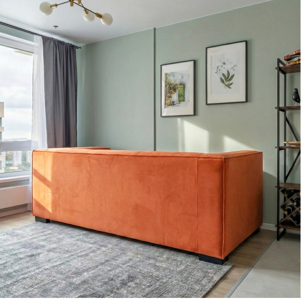 Sienna Luxe Burnt Orange Velvet Sofa - front view in room