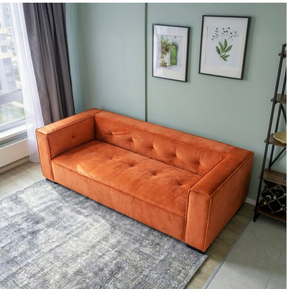 Sienna Luxe Burnt Orange Velvet Sofa - product specs screenshot
