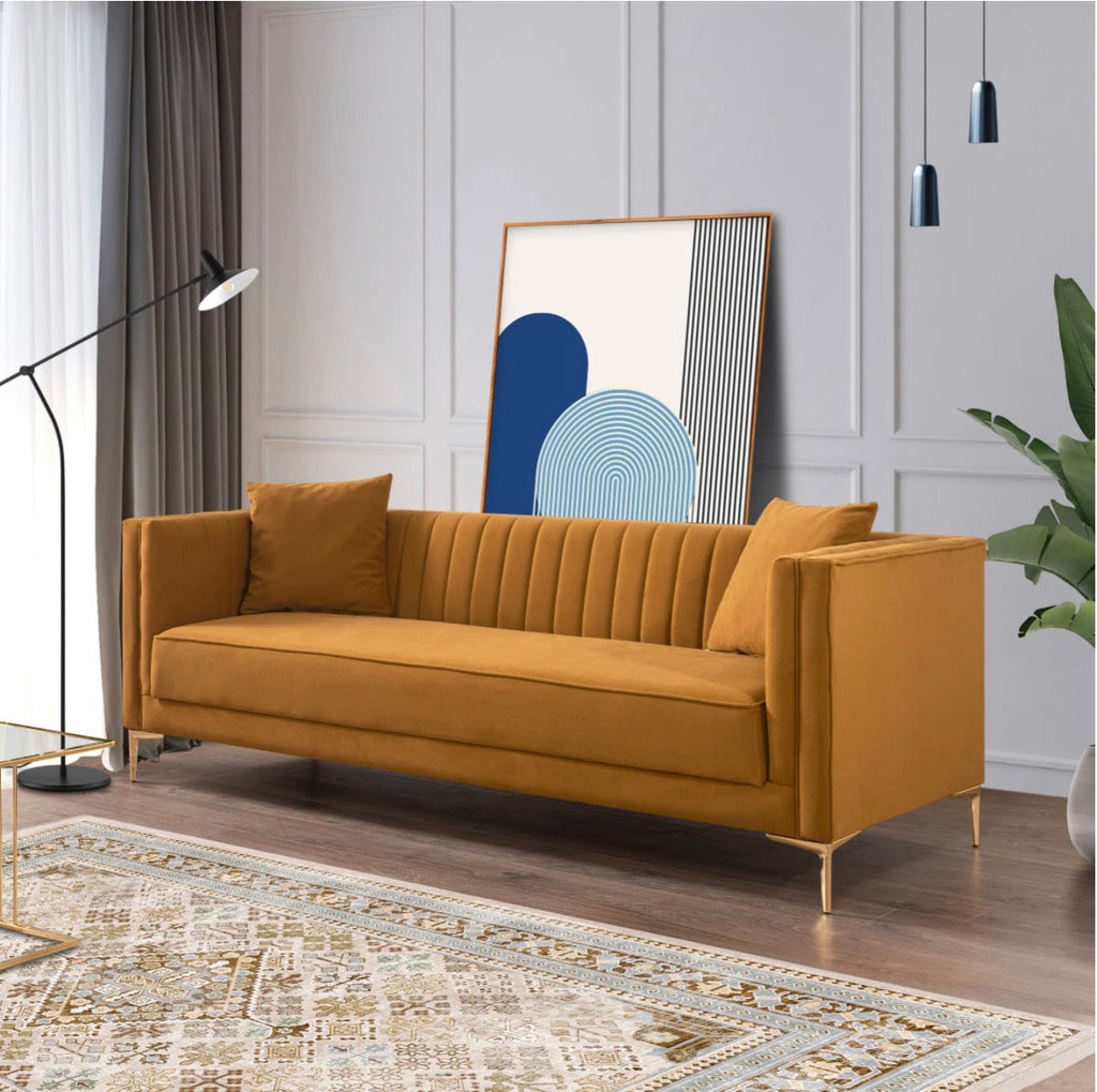 Bellamy Cognac Velvet Sofa - close-up of gold leg detail
