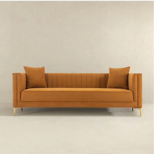 Bellamy Cognac Velvet Sofa - front view on neutral background