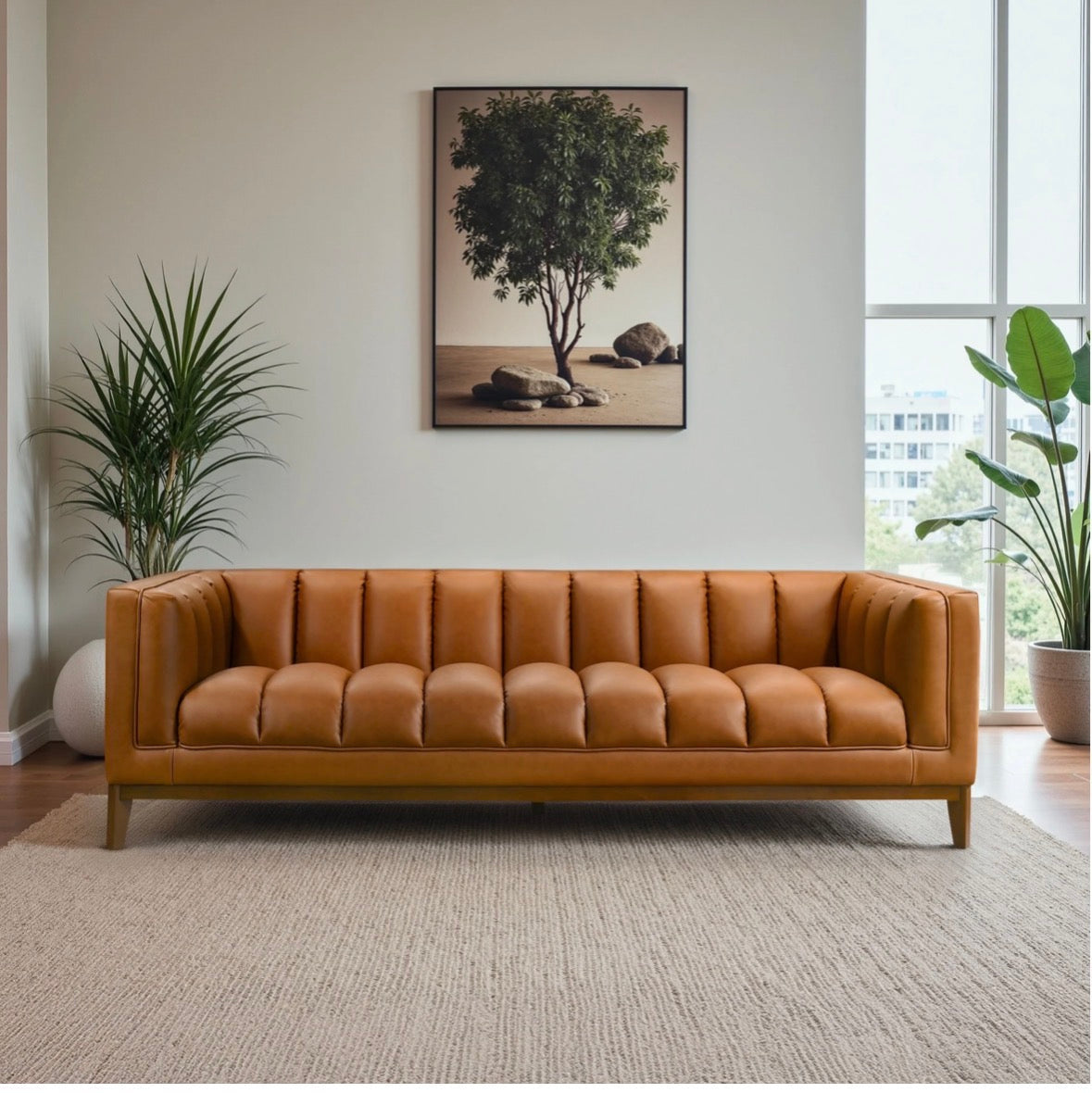Madison Cognac Vegan Leather Sofa - front view with channel tufting