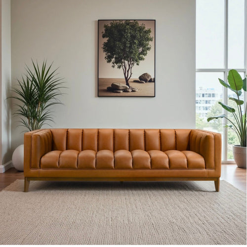 Madison Cognac Vegan Leather Sofa - front view with channel tufting