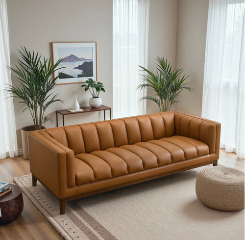 Madison Cognac Vegan Leather Sofa - styled in living room