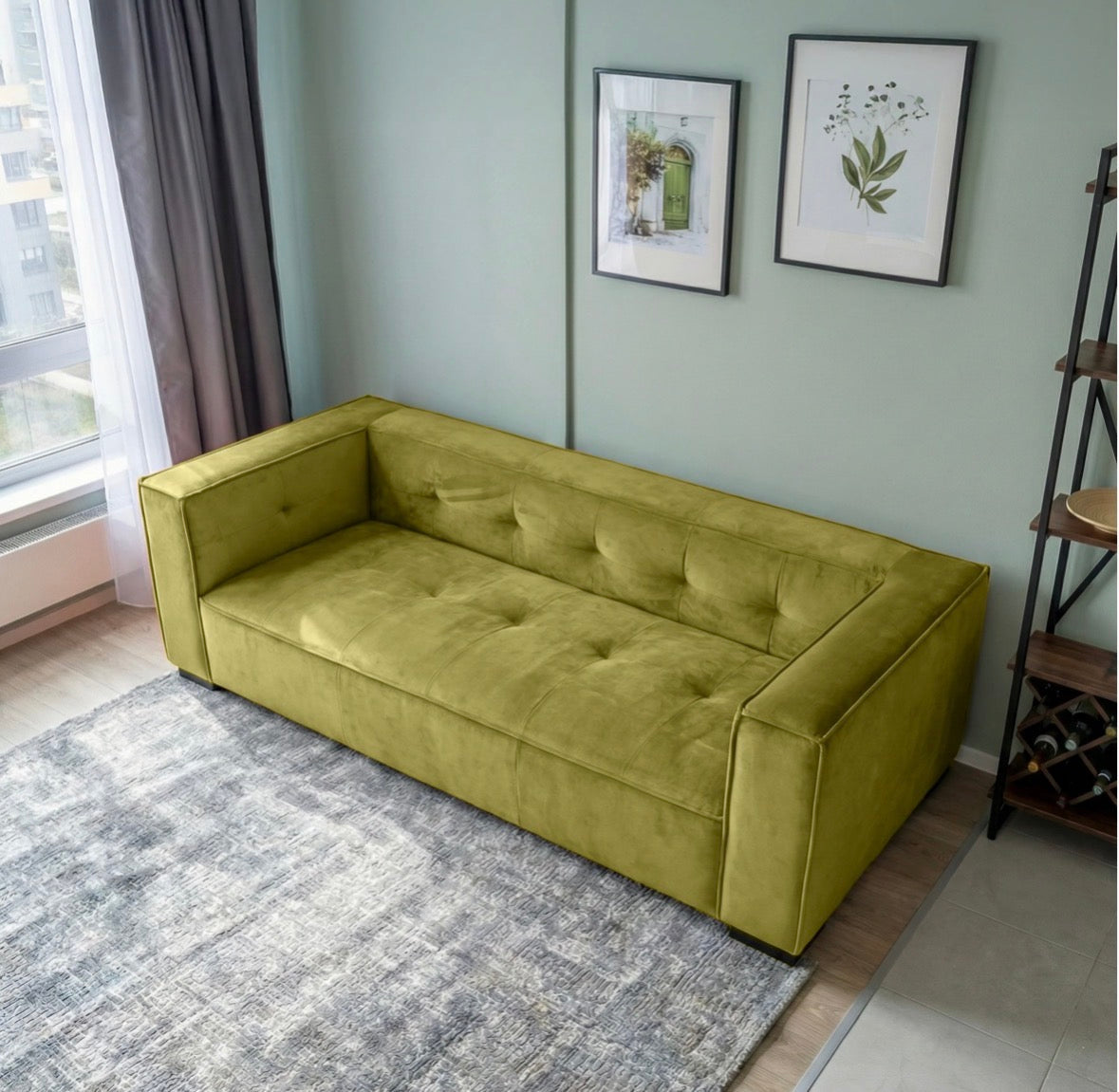Harper Olive Velvet Sofa - angled overhead view