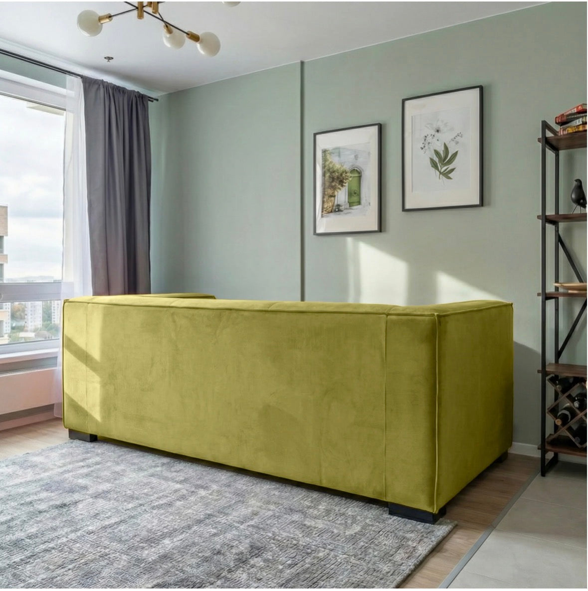 Harper Olive Velvet Sofa - rear view in room