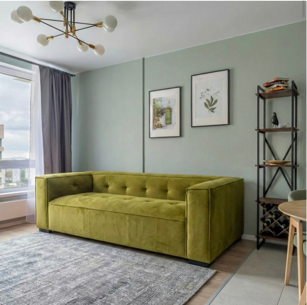 Harper Olive Velvet Sofa - side view in living room