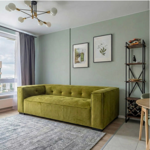 Harper Olive Velvet Sofa - side view in living room