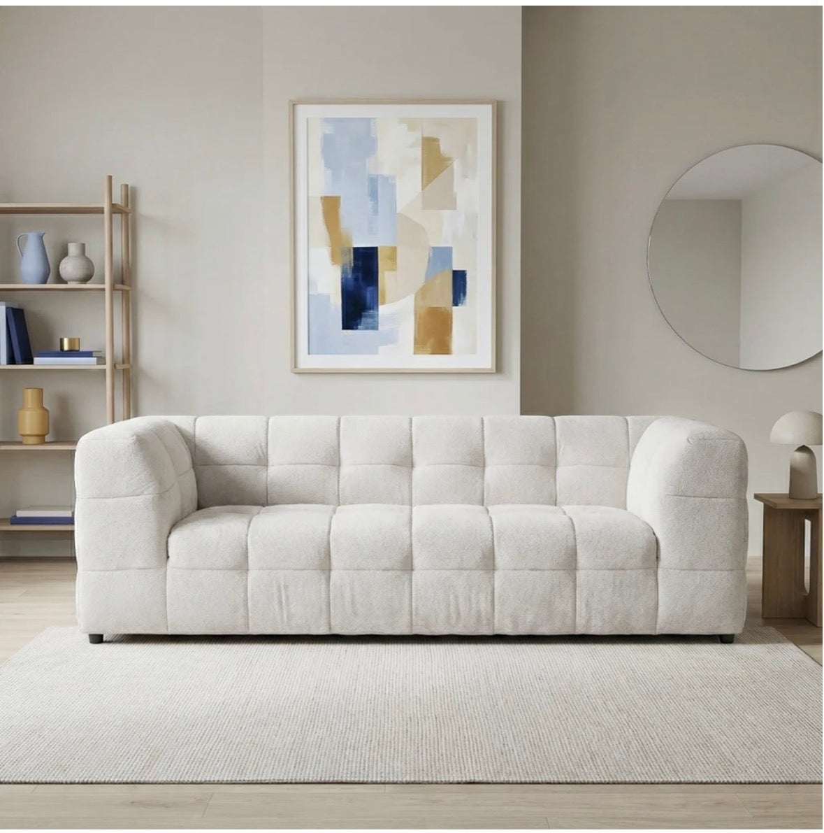 Monroe Beige Bouclé Sofa - angled view in living room