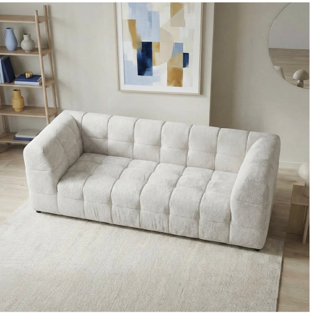 Monroe Beige Bouclé Sofa - overhead view showing channel tufting