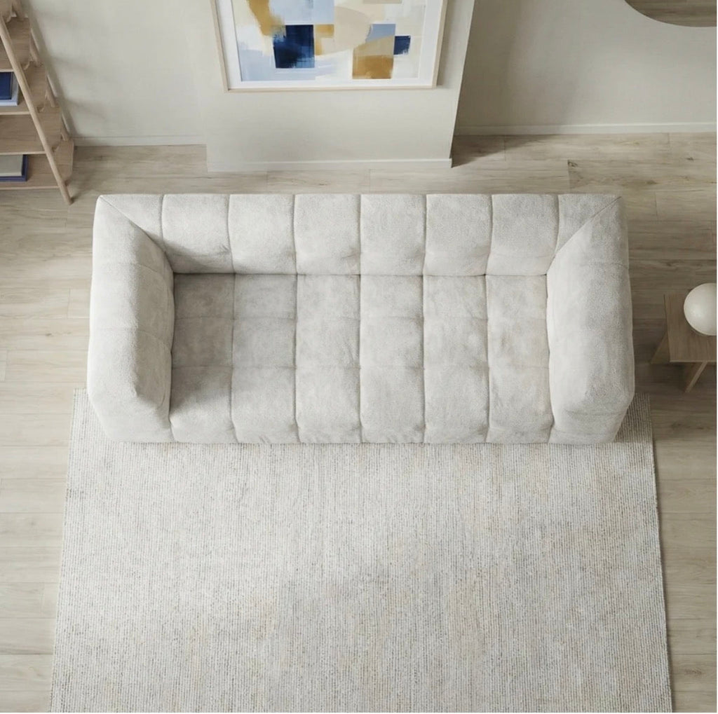 Monroe Beige Bouclé Sofa - styled with mustard accent pillows