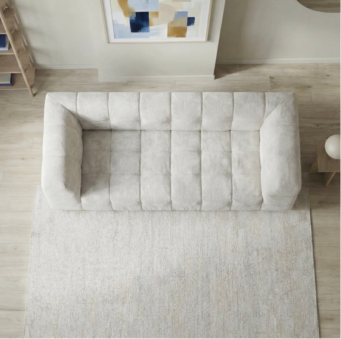 Monroe Beige Bouclé Sofa - styled with mustard accent pillows