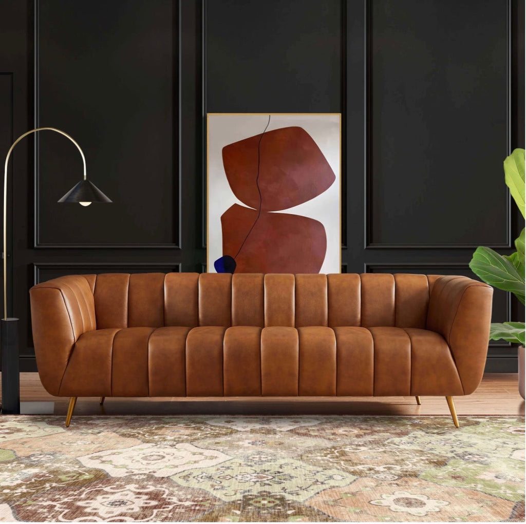 Valencia Cognac Italian Leather Sofa - front view in dark dramatic room