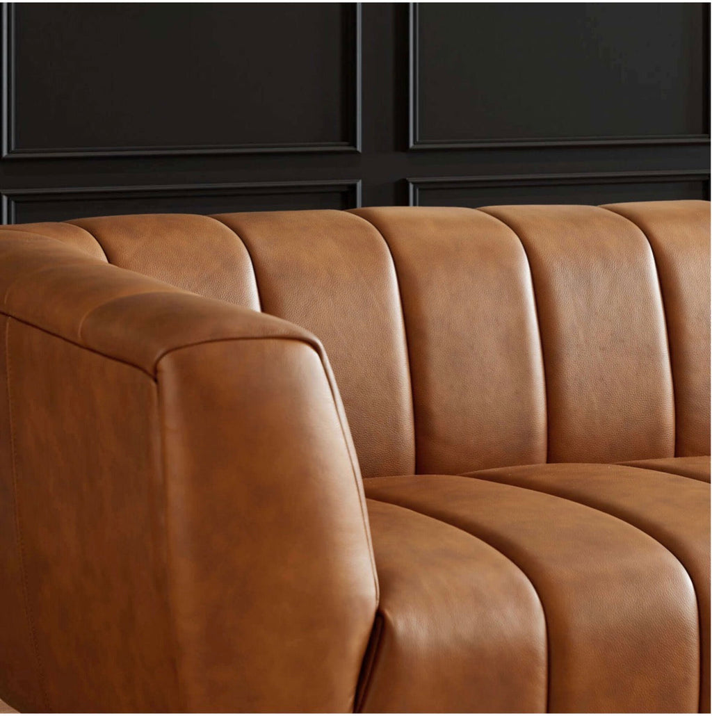 Valencia Cognac Italian Leather Sofa - close-up of channel tufting detail