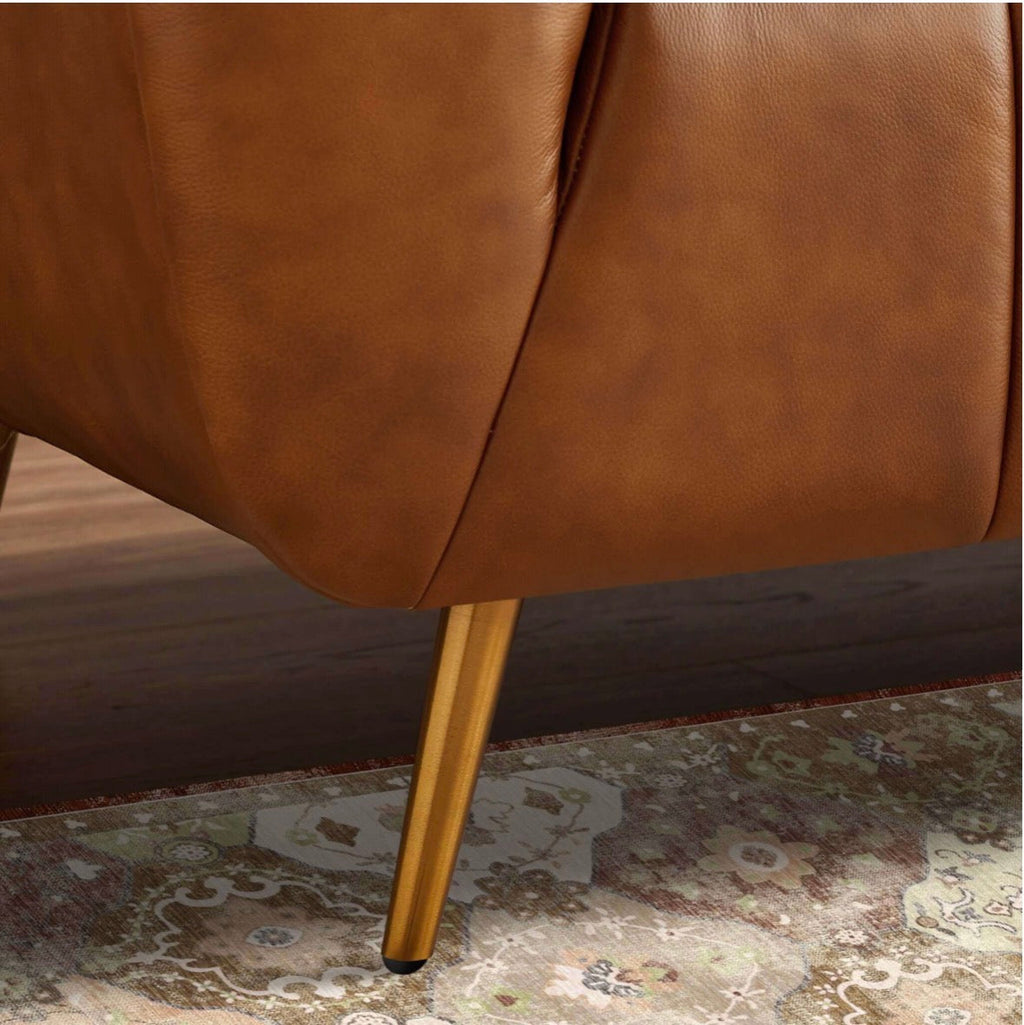 Valencia Cognac Italian Leather Sofa - close-up of gold-tone leg