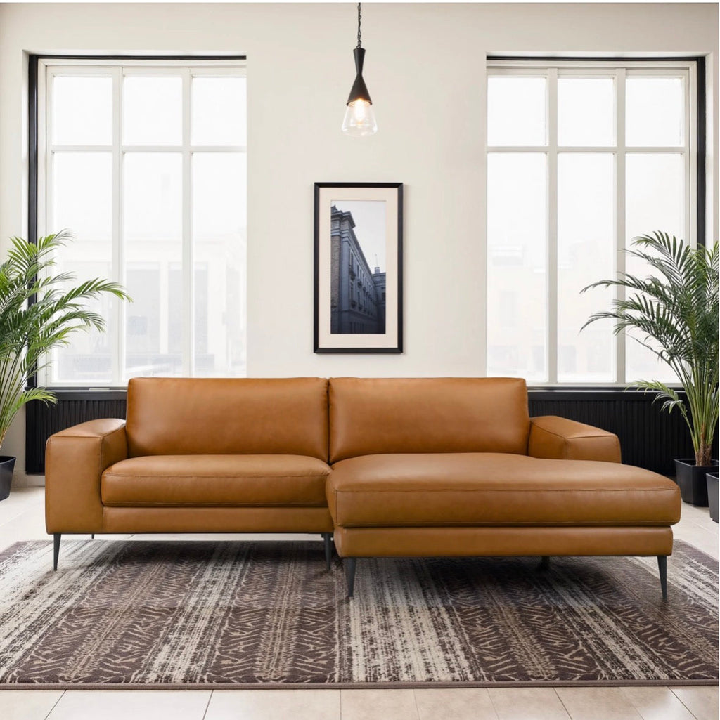 The Camden Cognac Vegan Leather Chaise Sectional — full room view