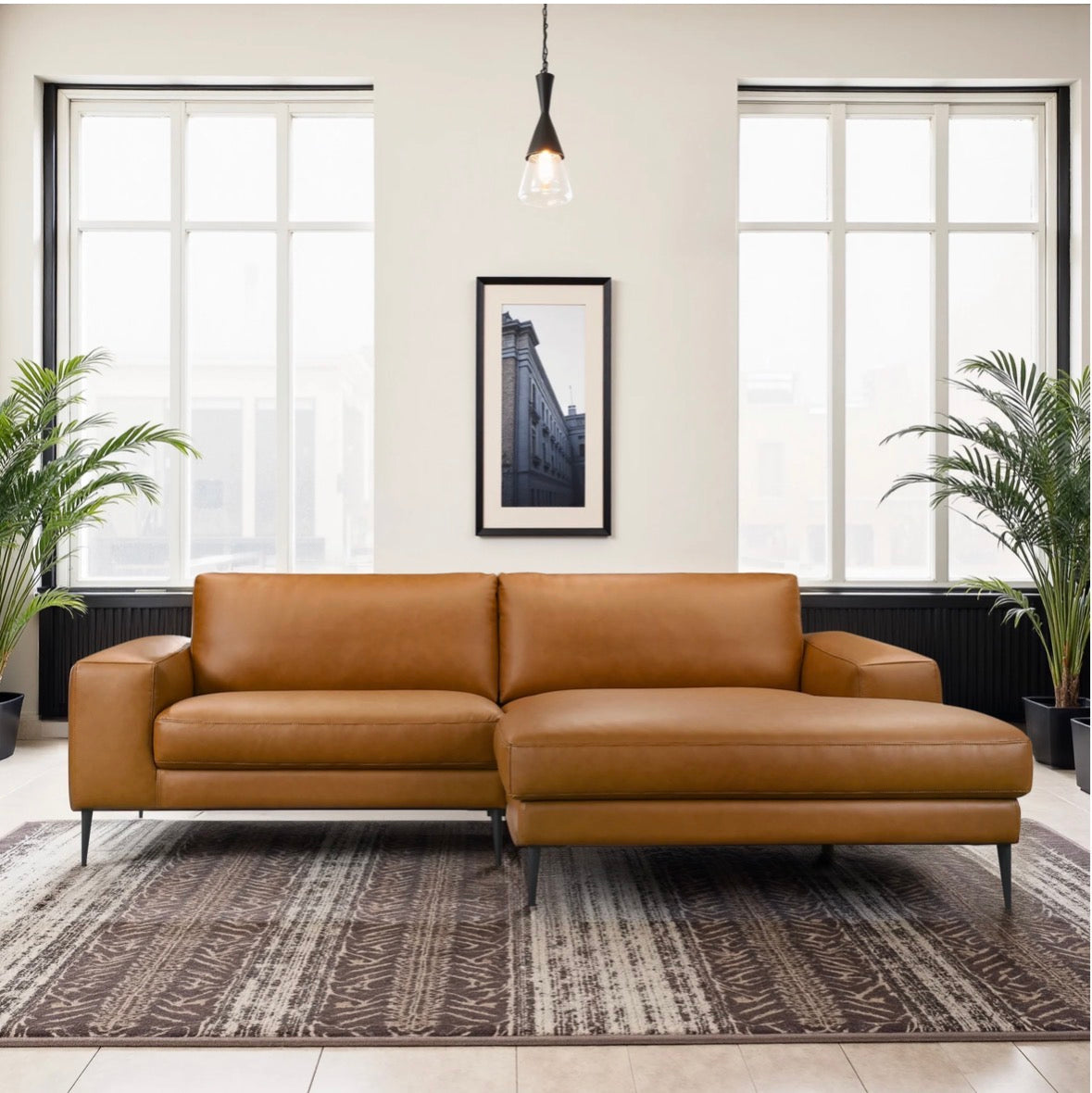 The Camden Cognac Vegan Leather Chaise Sectional — full room view