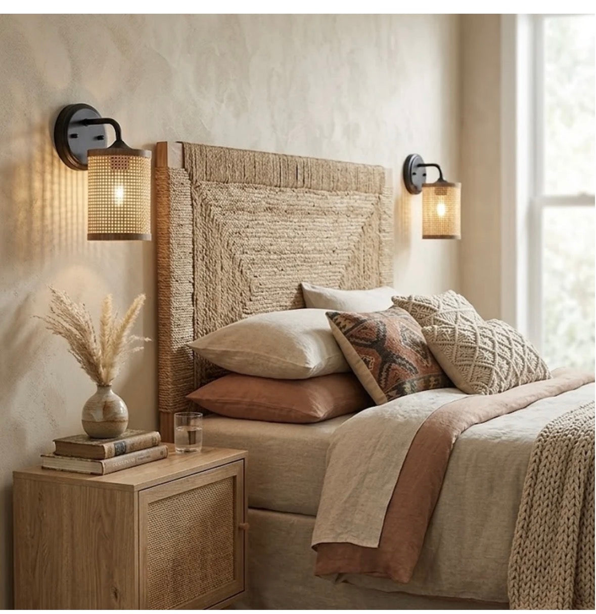 The Isla wall sconces styled on either side of a bed headboard – daytime