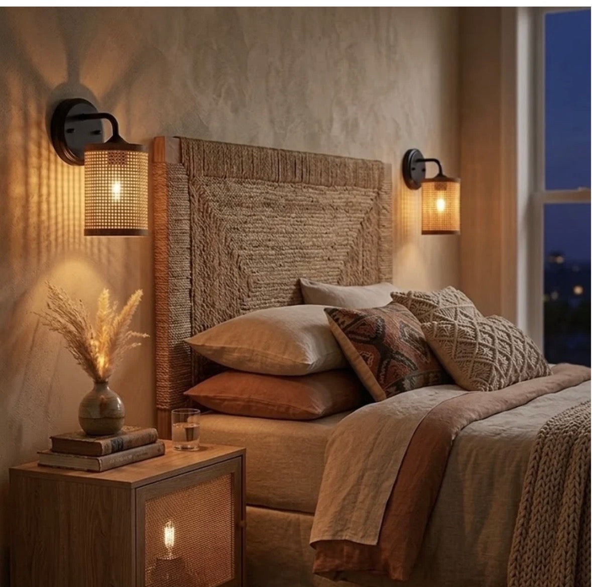 The Isla wall sconces styled on either side of a bed headboard – evening glow