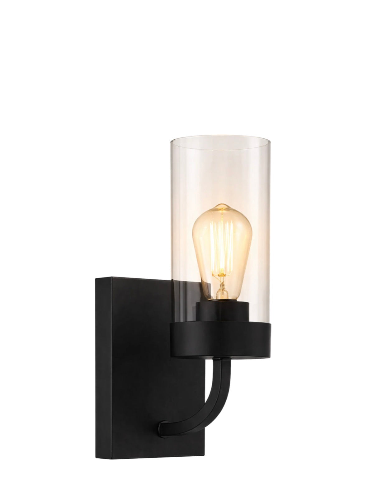 The Zephyr matte black wall sconce with clear glass shade – white background product shot