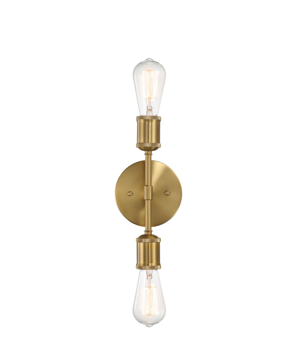 The Aurelia satin brass double-light wall sconce above a round mirror on white subway tile