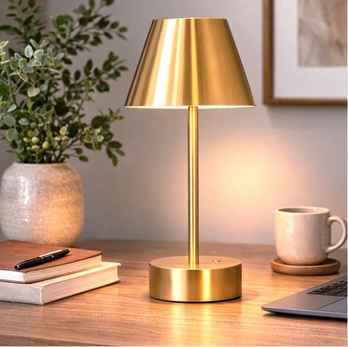 The Aurelia cordless brass LED table lamp lit on a wooden desk next to books and a coffee mug