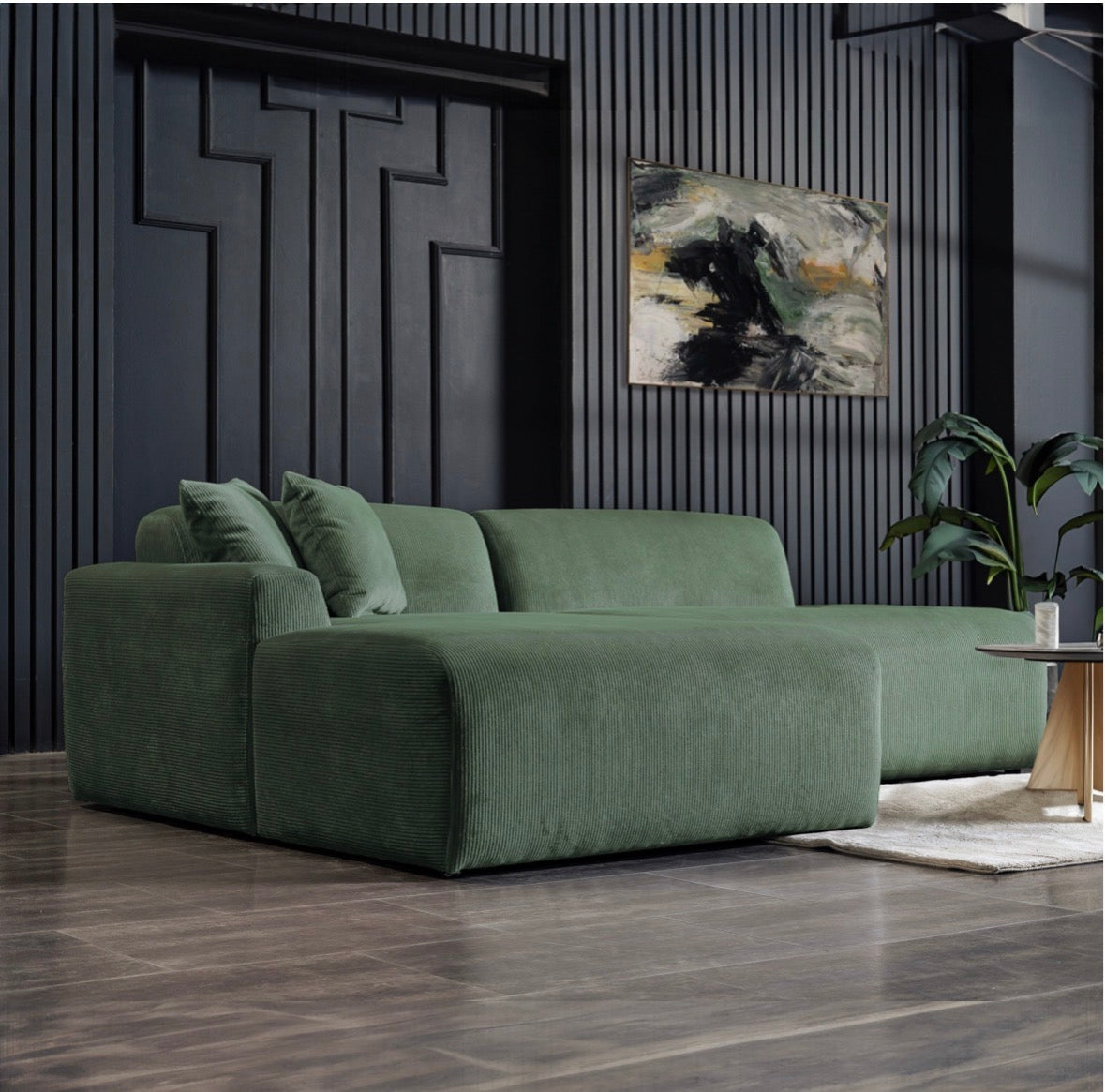 The Sloane Moss Green Corduroy Sectional – styled living room view