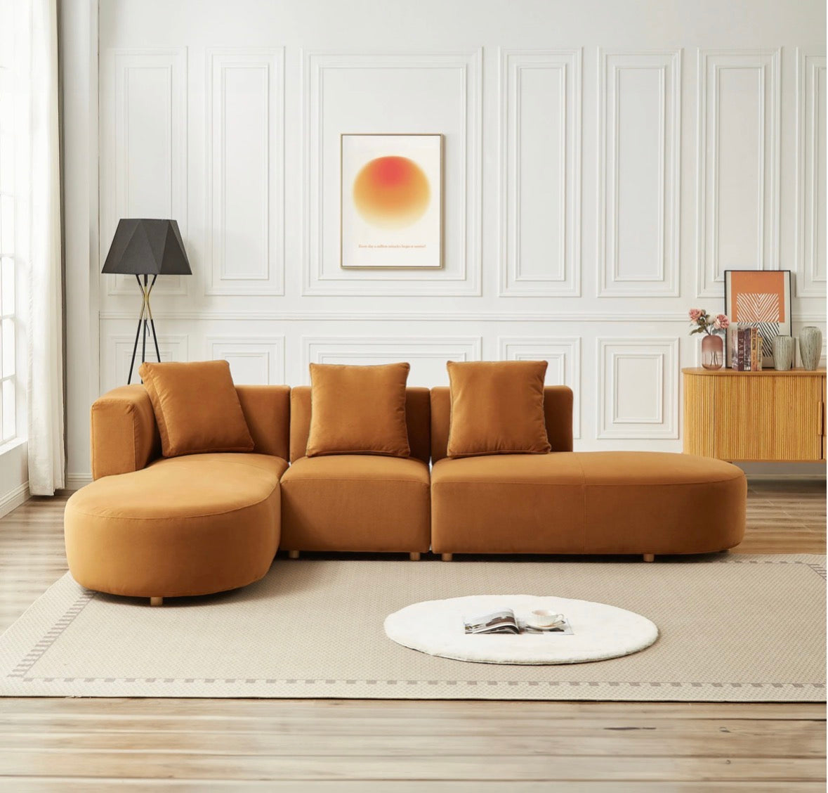 The Vivienne Cognac Velvet Sectional – styled living room front view