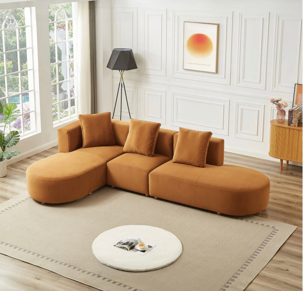 The Vivienne Cognac Velvet Sectional – styled living room side angle