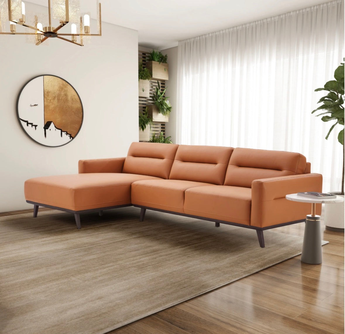 The Valencia Cognac Vegan Leather Sectional – Full room view