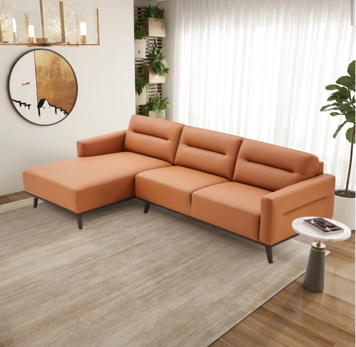 The Valencia Cognac Vegan Leather Sectional – Side angle view