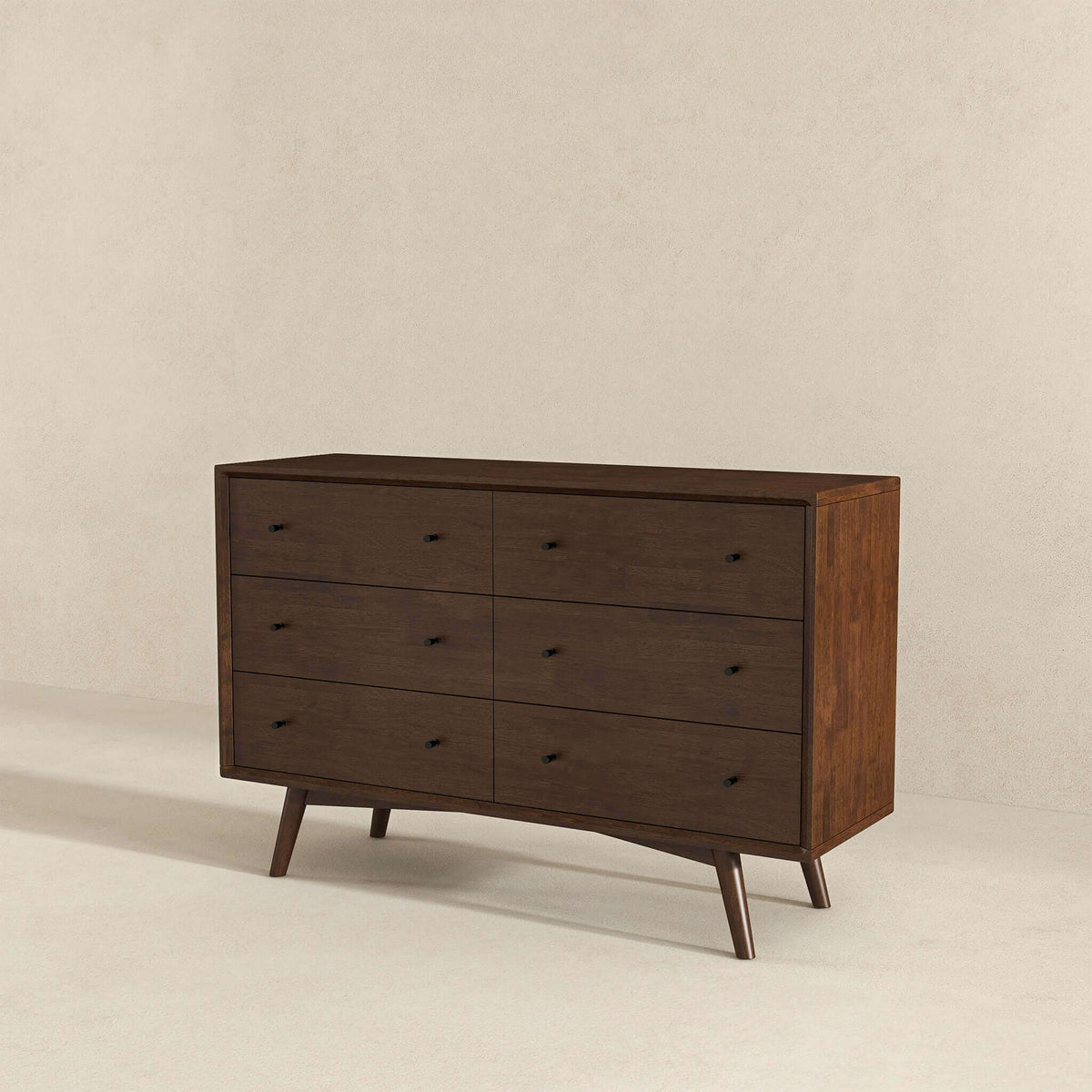 Front view of The Amara walnut six-drawer dresser
