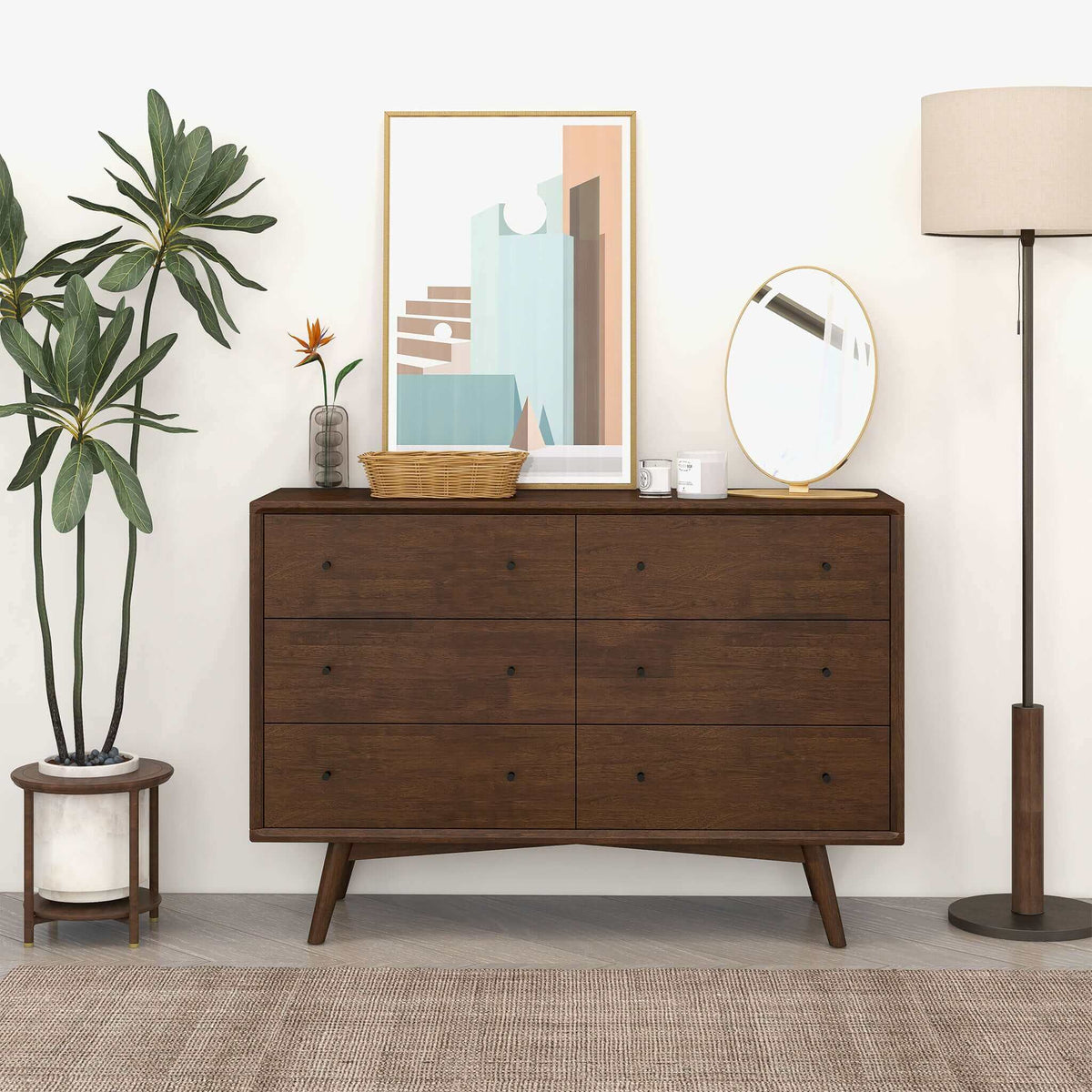 The Amara six-drawer walnut dresser on a plain background